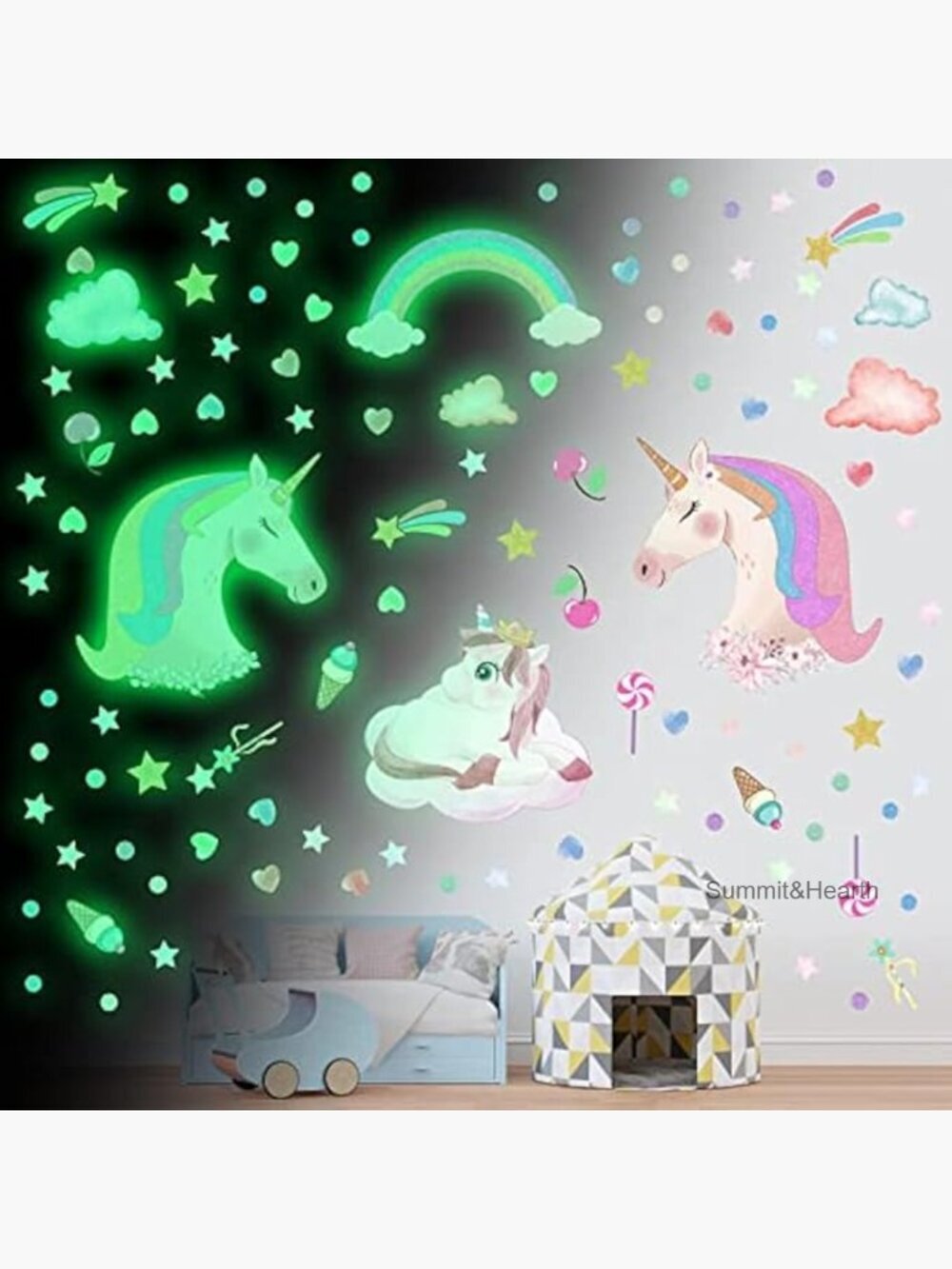 Glow in Dark Unicorn Wall Stickers, Removable Decals for Ceiling Nursery Decor